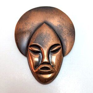 Vintage 50s Copper African Tribal Face Brooch Figural Funky Modernist Statement